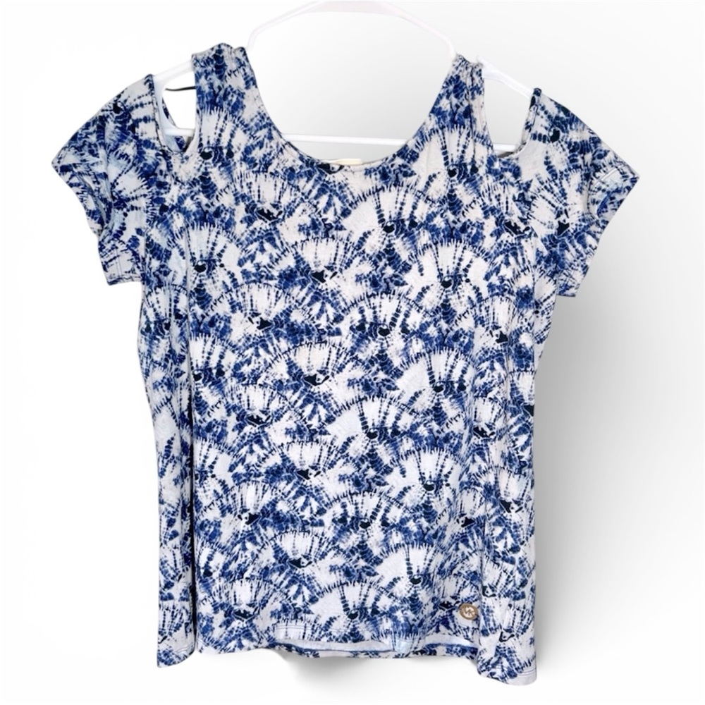 Michael Kors Women’s Cold Shoulder Blouse Top Size Large Cotton Blue & White